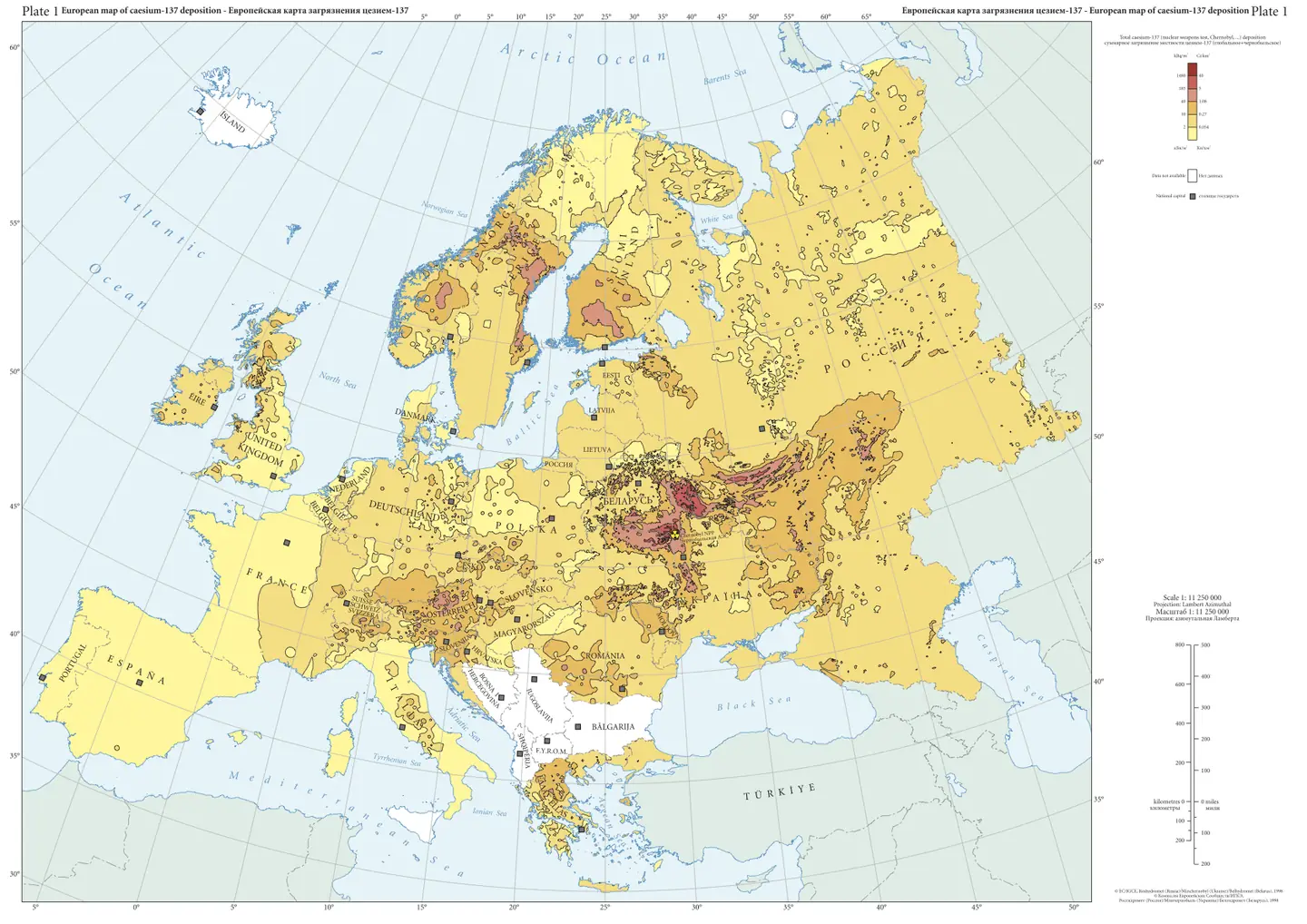 Map of radiation contamination levels across Belarus, Ukraine and Russia