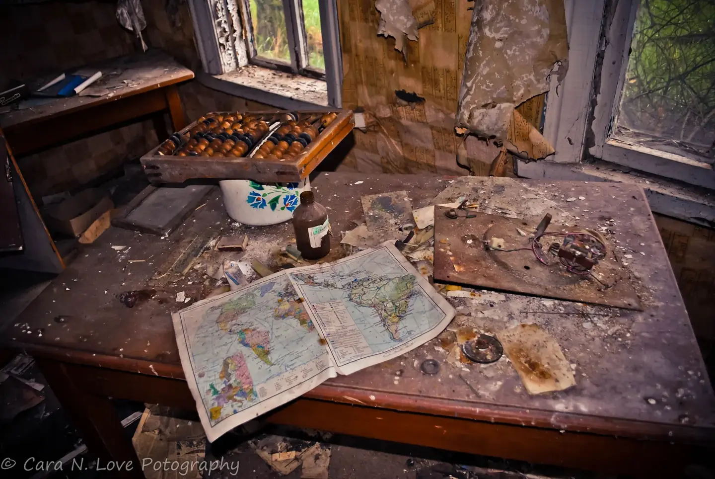 Classroom desk with abacus and world map, Chernobyl Exclusion Zone